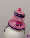 Handmade Mini Hat-Pink with pink trim and purple ribbon