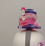 Handmade Mini Hat-Pink with pink trim and purple ribbon